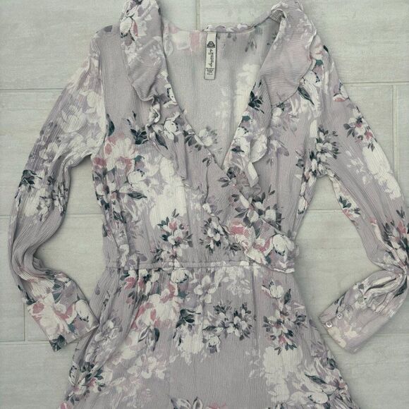American Rag Floral Printed Ruffle Trim Wrap Dress Gray Mini Floral V-Neck Small - Picture 2 of 10